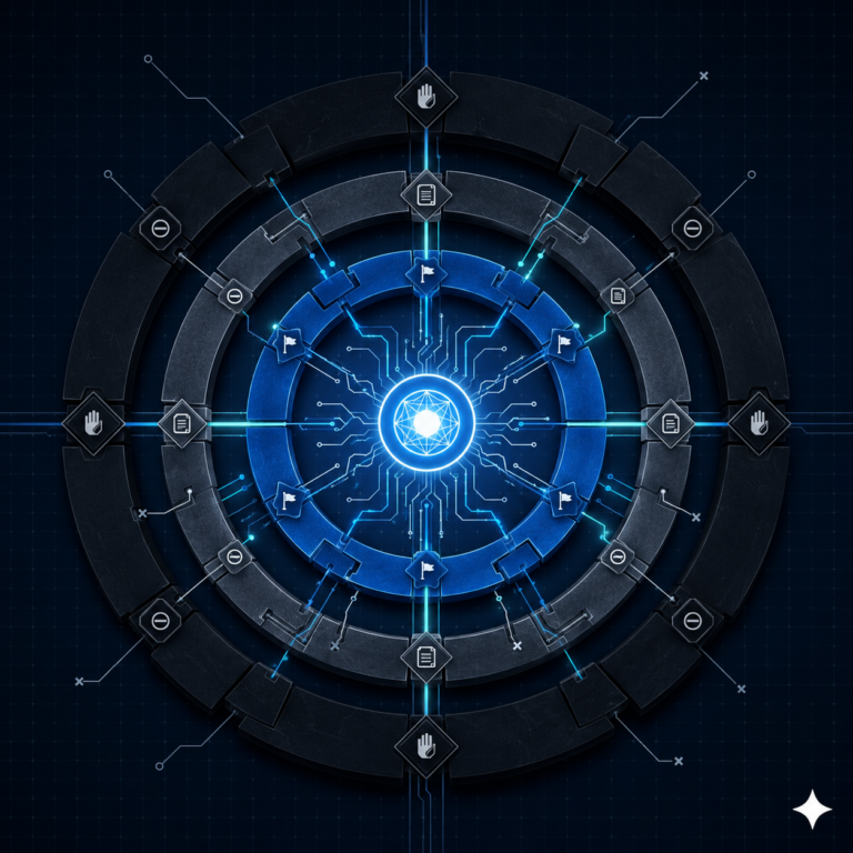 Abstract geometric illustration showing a glowing autonomous system node surrounded by concentric layered control barriers representing logging, flags, blocks and hard stops in an AI agent pipeline