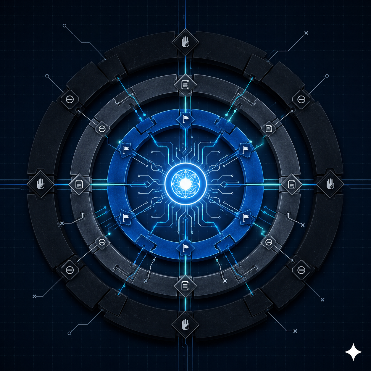 Abstract geometric illustration showing a glowing autonomous system node surrounded by concentric layered control barriers representing logging, flags, blocks and hard stops in an AI agent pipeline
